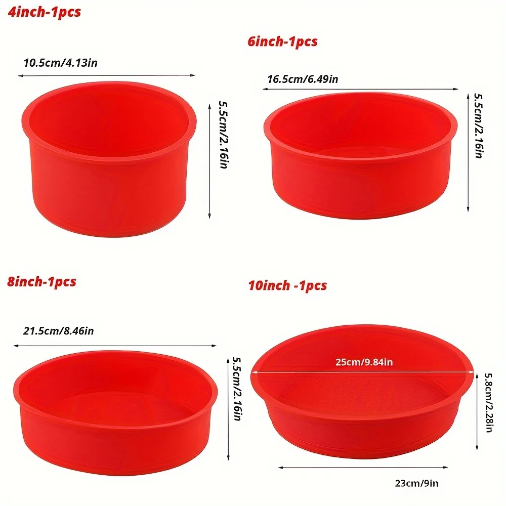 4 Pieces/Set Round Silicone Cake Molds 4/6/8/10 Inch Multi-Layer Cake Baking Tray Cake Mold Baking Silicone Mold, Non-Stick Heart-Shaped Baking Tray, Reusable Homemade Cake Mold