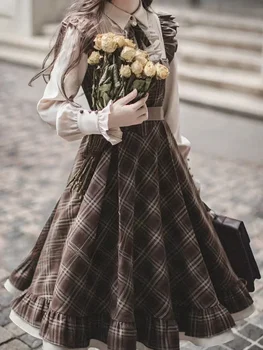 שמלה דו-קטע מזויף עבור נשים חצאית ארוכה רזה מתאים המותניים cinching lolita pid קשת בסגנון קוריאני חדש סגנון חורף 2024