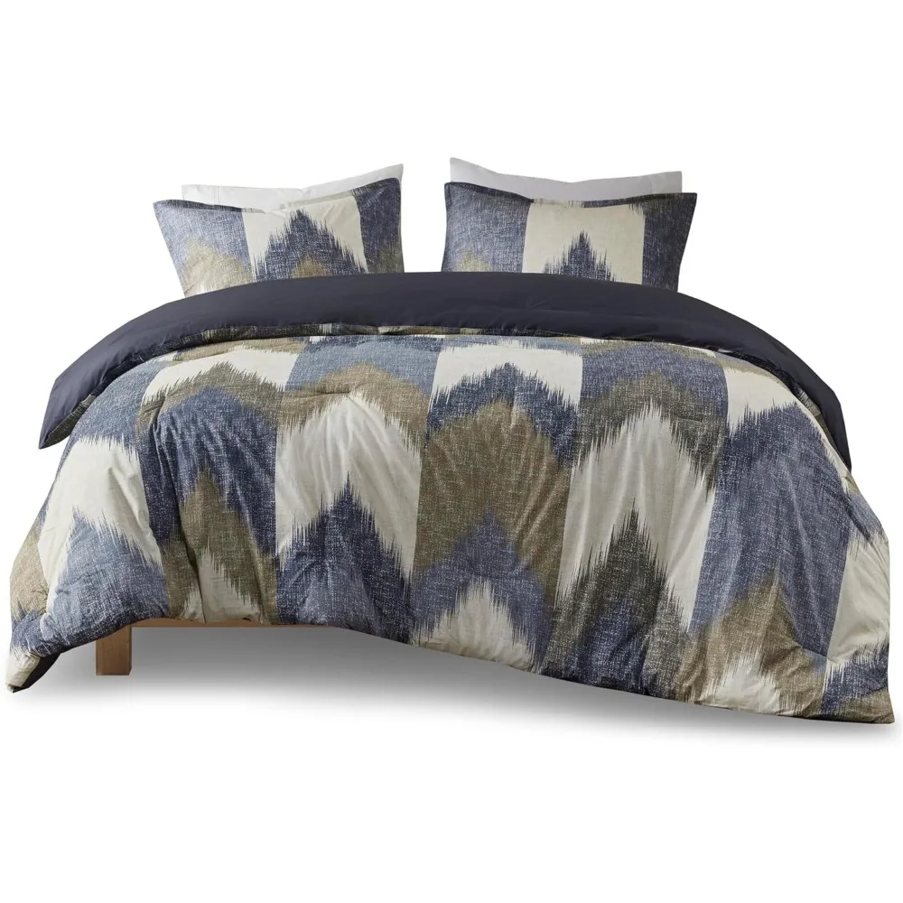 Cozy Cotton Comforter All Season Bed Linen Set Modern Cabin Lodge Ikat Chevron Design Navy King/Cal King 3 Piece Freight Free