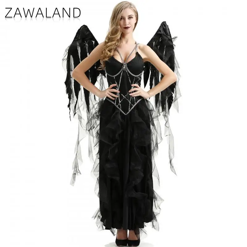 Zawaland Angel Dresses with Wings Woman Carnival Party Costume V-neck Sexy Black Dress Holiday Outfit Sleeveless Clothes M-XL