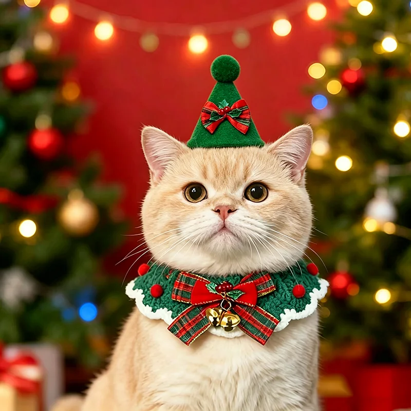 Weihnachtliches Strick-Speicheltuch mit Glocke, Haustier-Schleifenlätzchen, Halsband-Schal, kariertes Schleifenanhänger-Accessoire für Hunde- und Katzenhalsbänder, Pflegezubehör – Detail 4