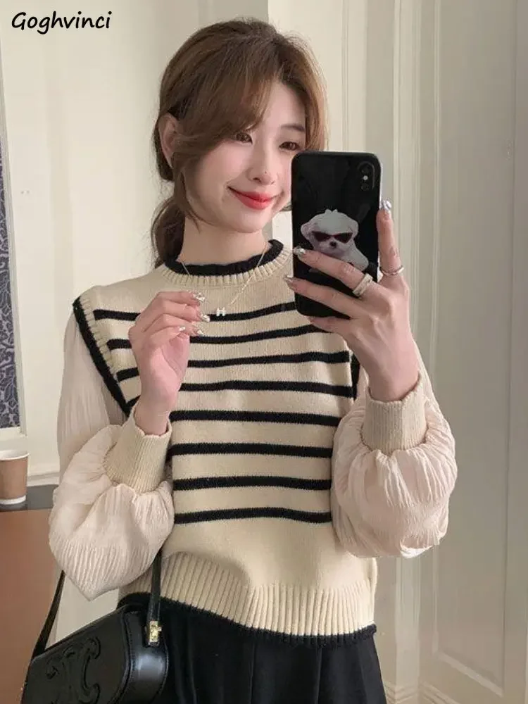 

Patchwork Pullovers Women Vintage Gentle Sweaters Loose O-neck Designed Office Lady Temerament Chic Popular Ins Cozy Autumn OOTD