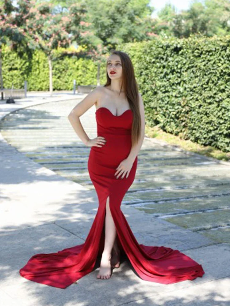 Sexy Strapless Long Black Maxi Dress Front Slit Bare Shoulder Red Women\'s Evening Summer Night Gown Party Maternity Dresses