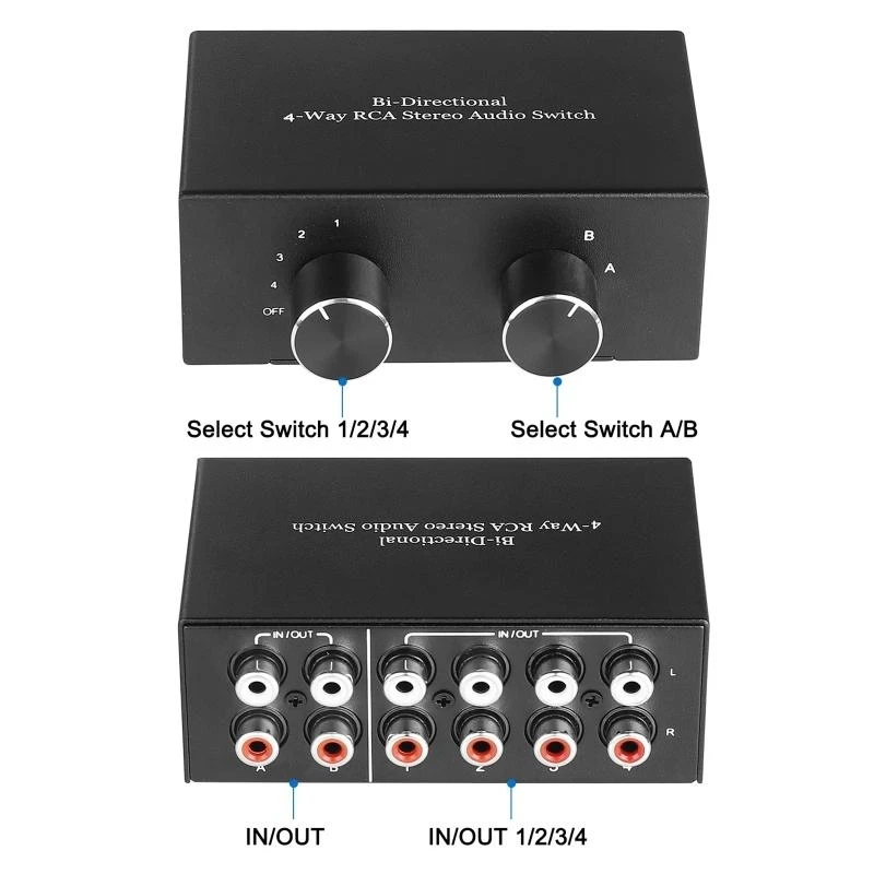 

Y51A 4-Port R/L Stereo Switcher Two-Way RCA Switching Splitter Sharing Active Speakers Switch AC004A
