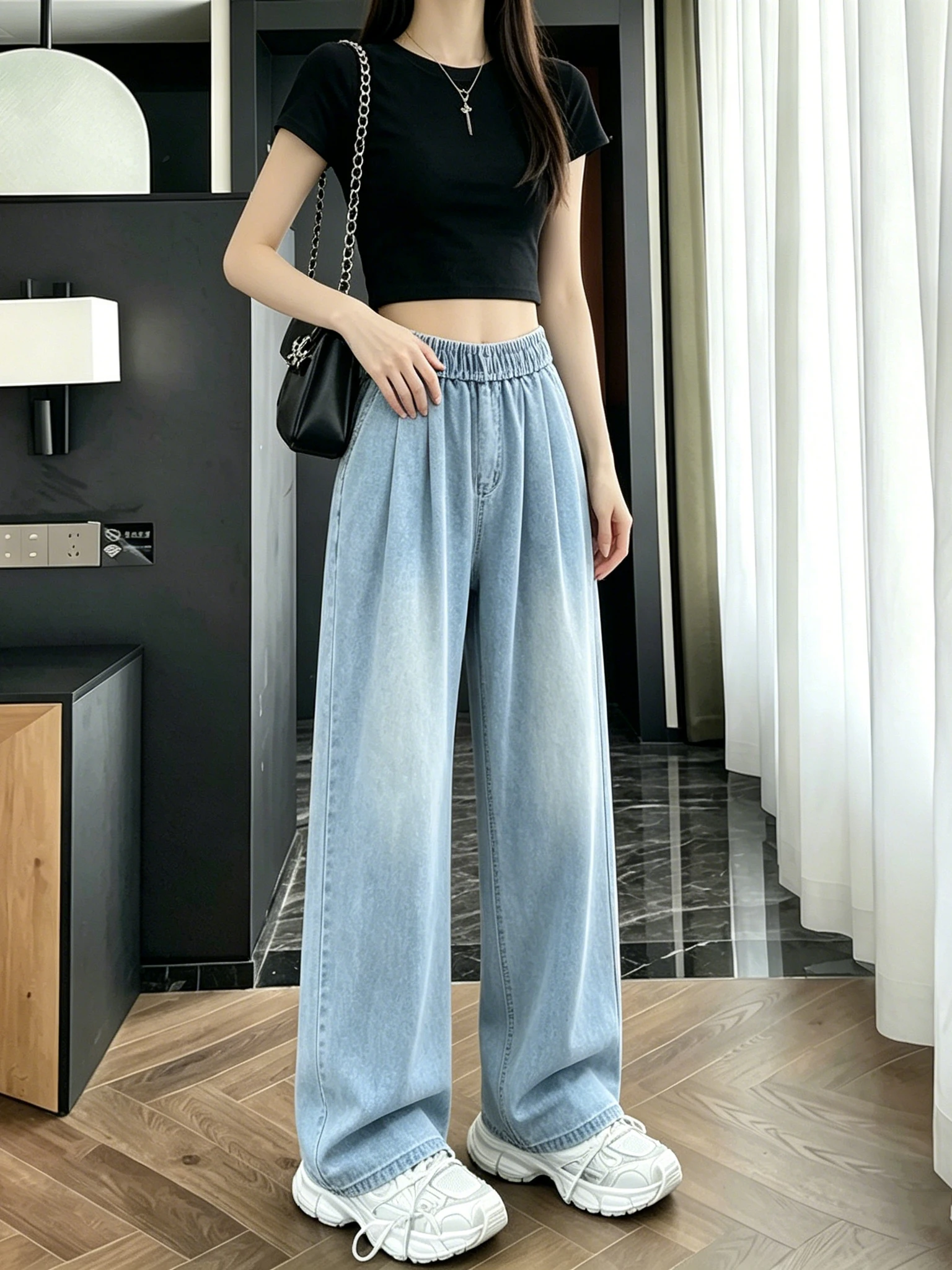 

Retro Blue Silk Washed Jeans Women Summer Small Size New Loose Slimming Drapey Thin Floor-Length Pants Commute Style