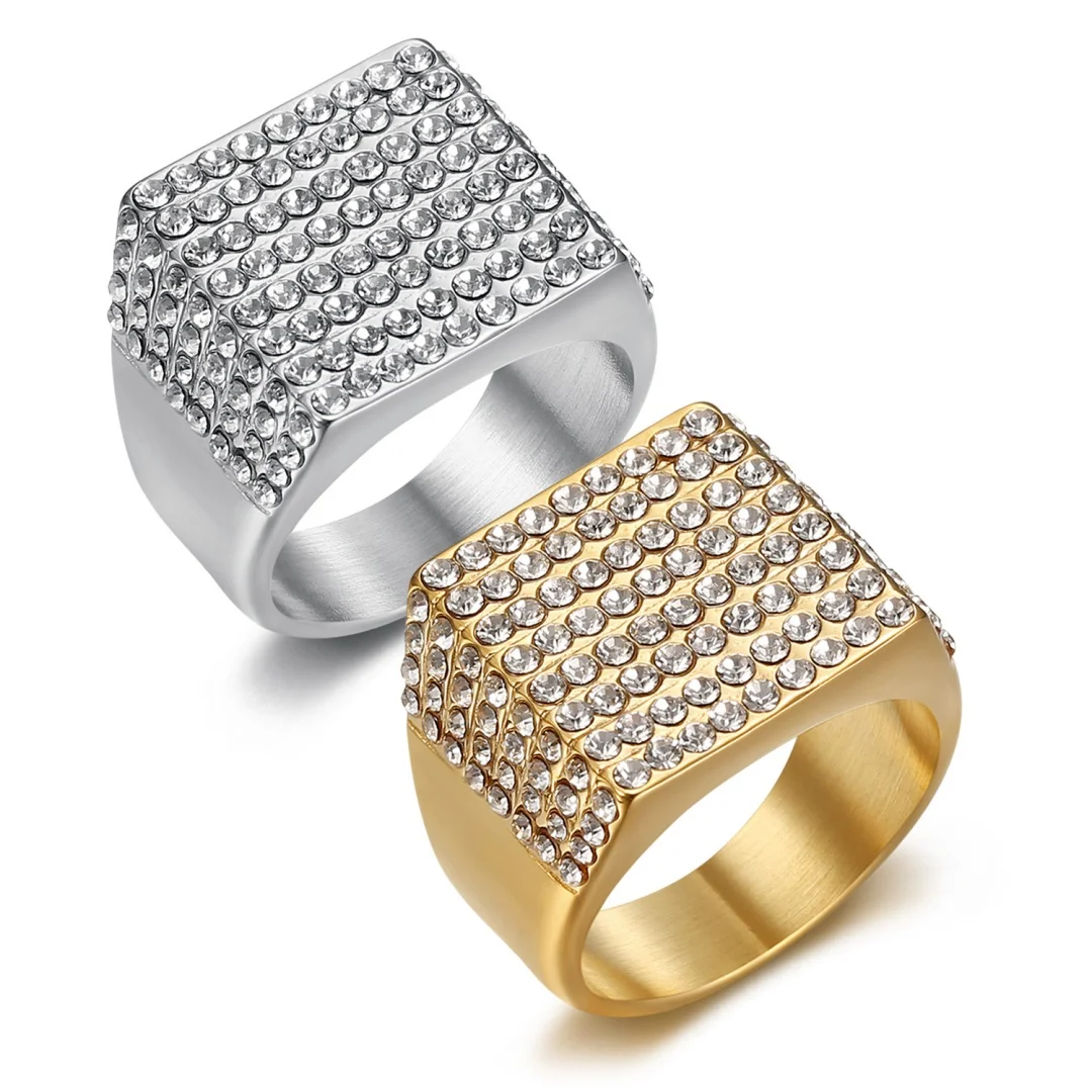 

Hip Hop Iced Out Bling CZ Big Ring Gold Silver Color Stainless Steel Geometry Rings for Women Men Hiphop Rapper Jewelry Gift