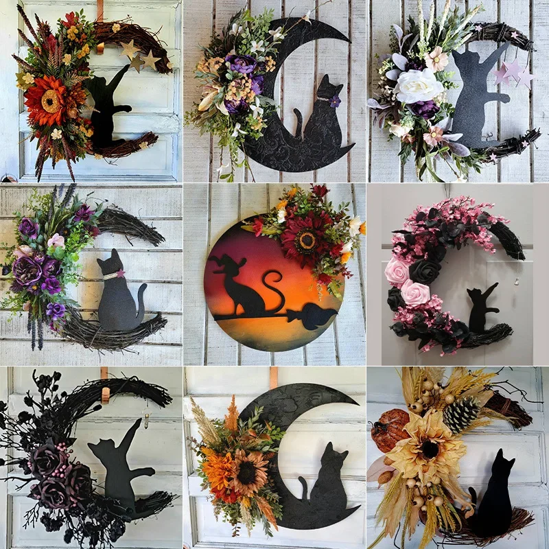 Halloween Moon Cat Flower Ring Door Hanging Decoration Festival Dead Branch Little Cat Vine Ring Atmosphere Decoration