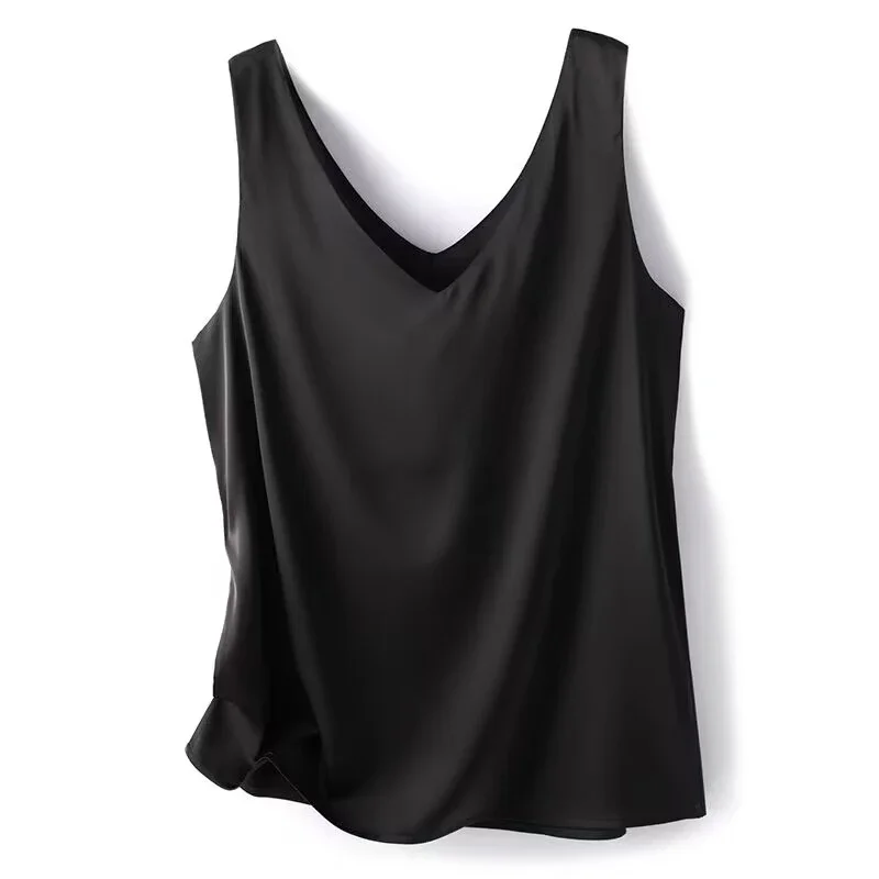 

Acetate Solid Casual Silky V--Neck Loose Sleeveless Vest Women's Blouse Shirt Korean Fashion Female Clothing Tops Summer A653