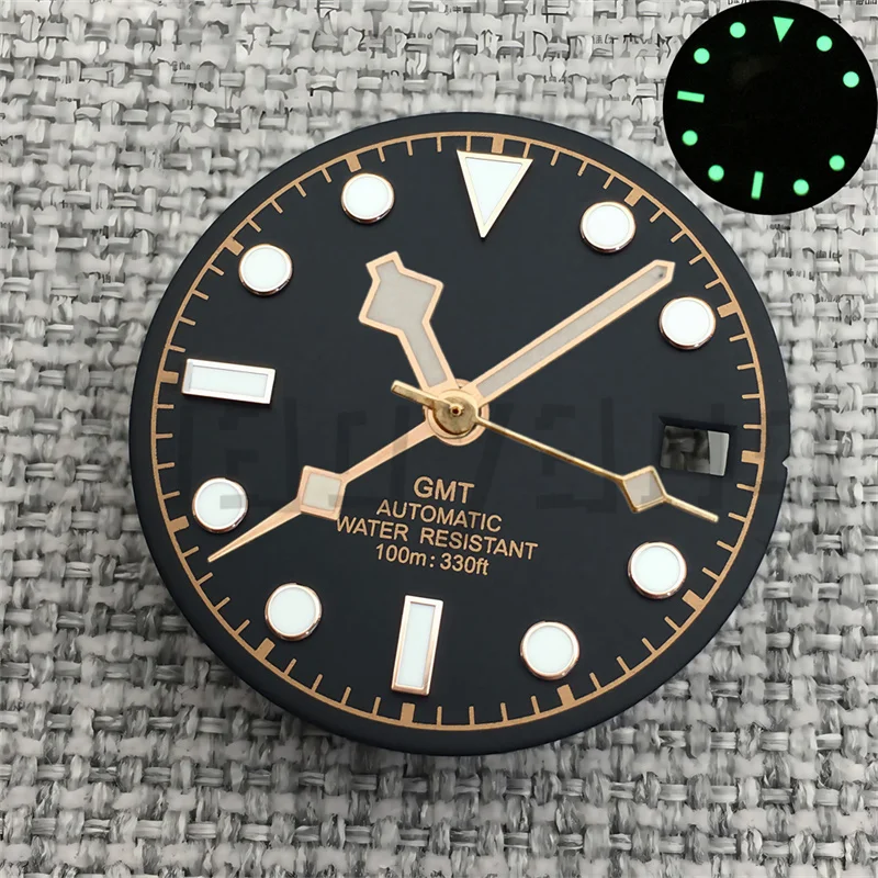 29MM Black Watch Dial Gold/Rose Gold Index Snowflake Watch Hands Date Window C3Luminous For NH34A Movement Watch Accessory Parts