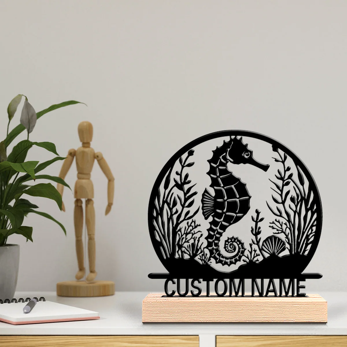 1 قطعة تماثيل معدنية رومانسية مخصصة لفرس البحر قاعدة خشبية بحرية جدار الفن للبحارة وبيوت الشاطئ ووسيد الساحلية