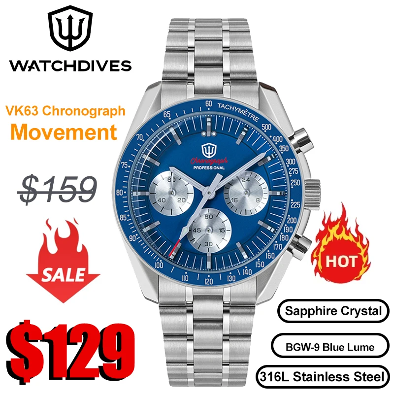 Watchdives New WD1863 Quartz Watch VK63 Chronograph Movement Bubble Sapphire Crystal Waterproof Luminous 39mm Vintage Watches