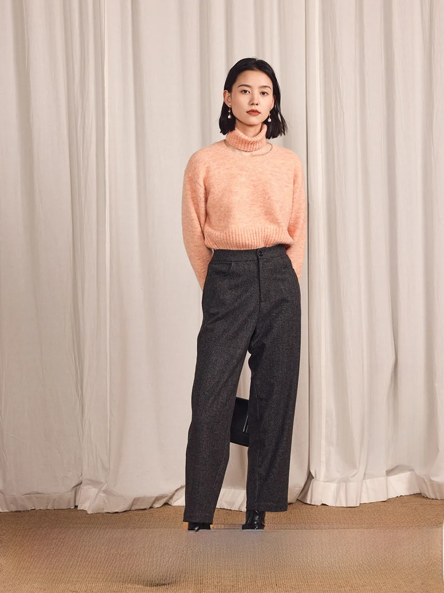 

High Waist Floral Woolen Casual Pants Women's Autumn Winter Vintage Loose Versatile Straight Leg Pants Commute Sle