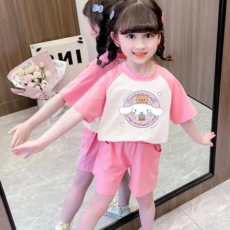 2Pcs Anime Sanrios Cinnamoroll Short Sleeve Shorts Outfit Kawaii My Melody Kuromi Girls Cotton T-Shirt Summer Cartoon Tops Pants