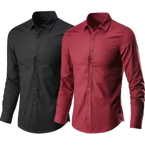 Camisa de vestir para hombre elástica primavera otoño manga larga antiarrugas planchado libre negocios sin bolsillo suave moda suave delgado