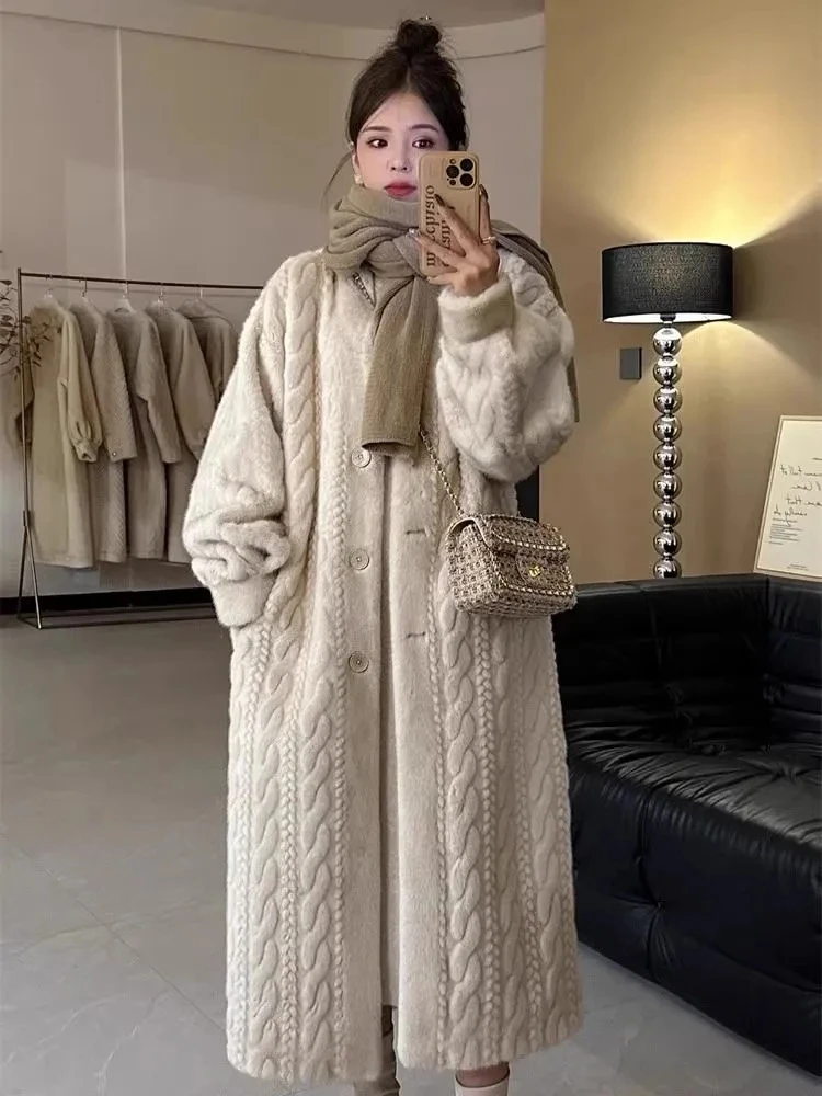 Thicken Imitate Mink Faux Fur Overcoats Winter mid-length furry Coats Luxury High Quality Twist Outerwear Women Korean Jacket