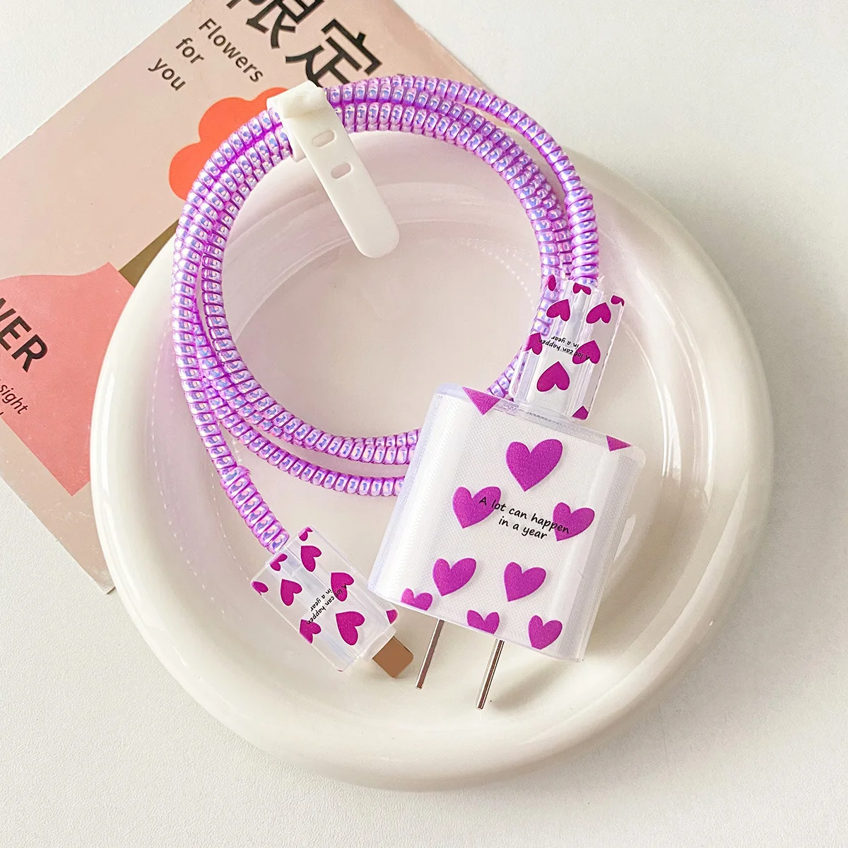 3D Love Heart Charger Protector Cable Organiser for IPhone 15 14 13 Pro Max 18W 20W Type C Data Cable Management Cord Winder Kit