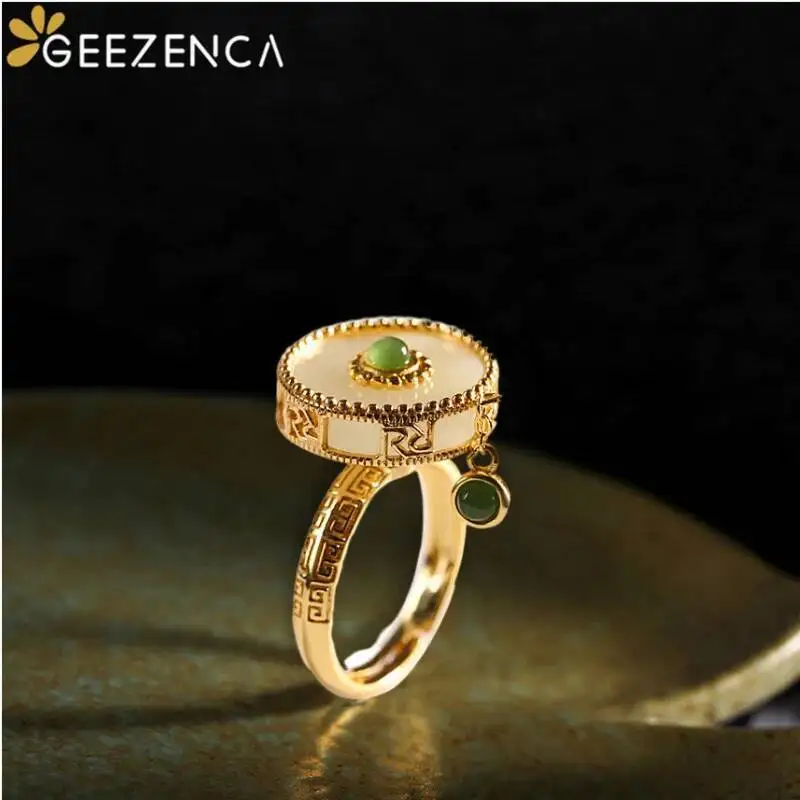 GEEZENCA 925 Sterling Silver Gold Plated Natural Jade Rotating Rings For Women Vintage Luxury Gemstone Lucky Ring 2022 New Trend