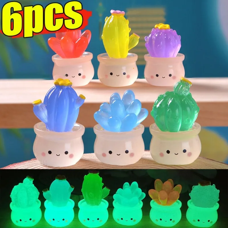 6/1Pcs Luminous Mini Cactus Figurines Cute Resin Succulents Plant Car Ornaments Toys Glowing Microlandscape Garden Decoration