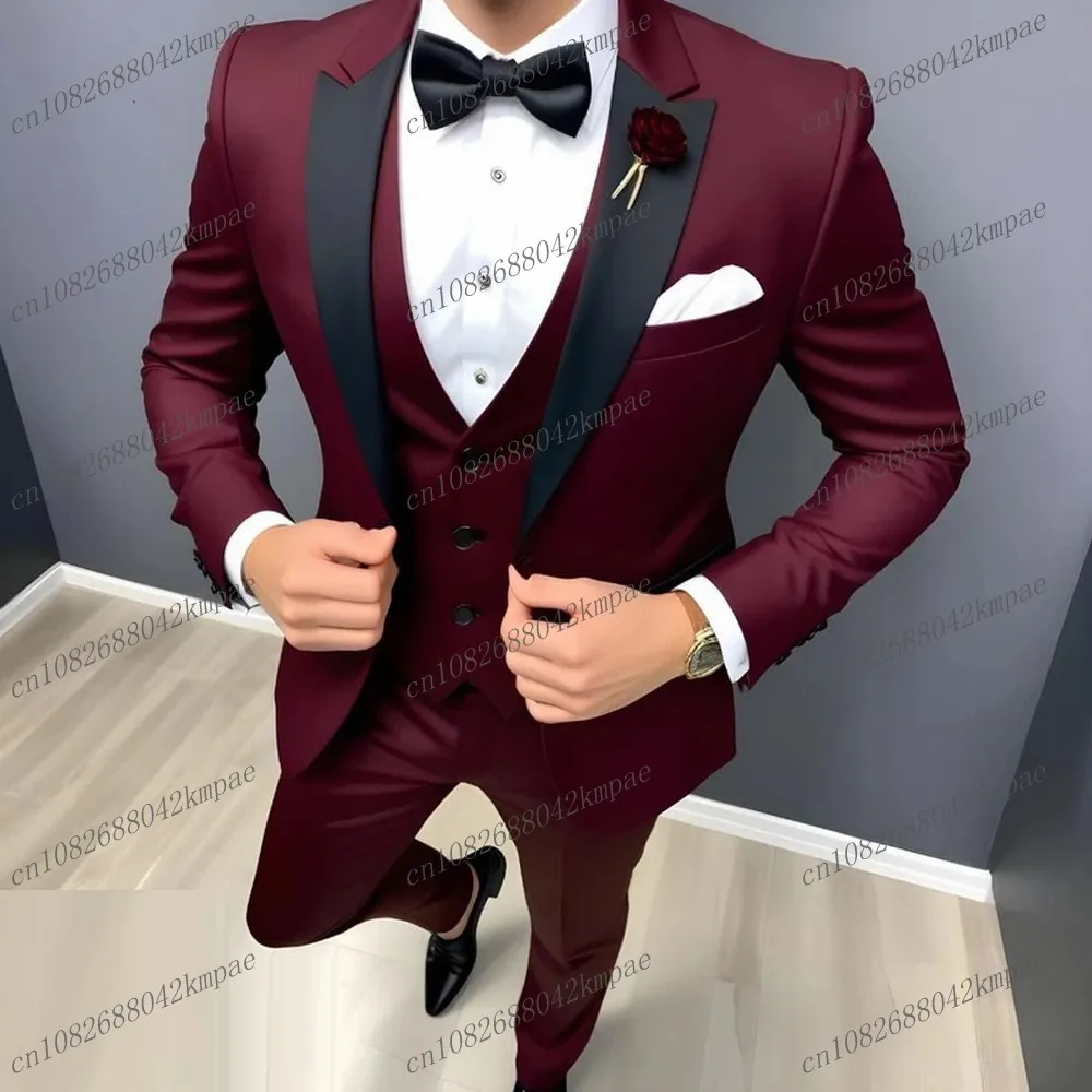 

New Black And Burgunddy Business Formal Men Suit Groom Groomsman Wedding Party Prom Male Tuxedos 3 Piece Set Blazer Vest Pants