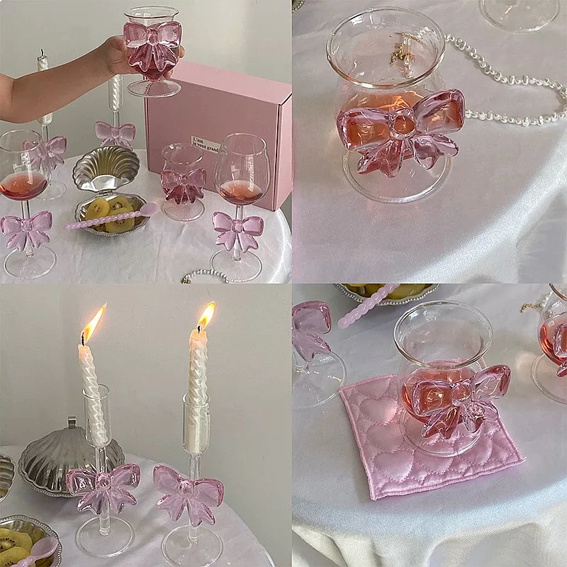 Pink Bow Series High Footed Glass Cup Butterfly Candlestick Romantic Wine Goblet
