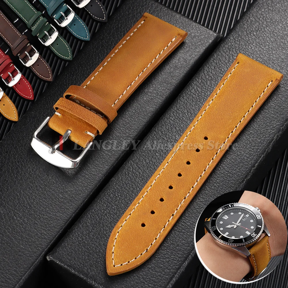 20mm 22mm Vintage Cowhide Stitching Watch Strap Band for Seiko for Rolex for Omega for Men Women Universal Replacement Wristband