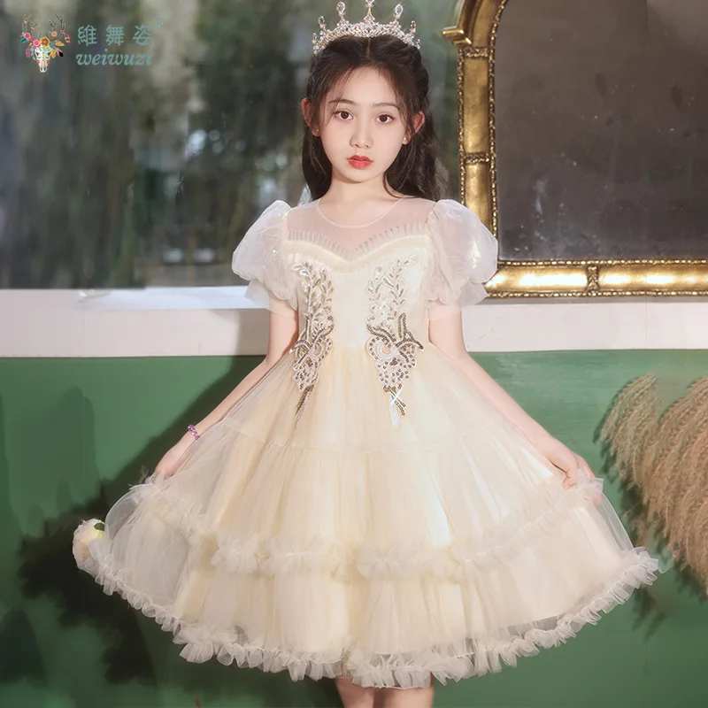 ウェディングフラワーガールドレス パフスリーブ スパンコール付き プロムドレス 子供用 プリンセスパーティー 誕生日 パフォーマンス チュールスカート
