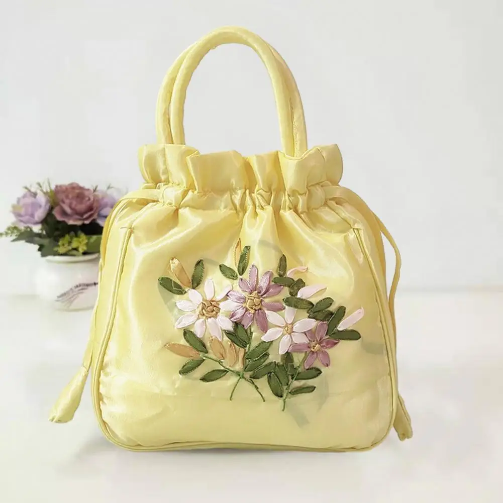 Drawstring Handbag Vintage Flower Pattern Ethnic Faux Silk Purpose Bag Large Capacity Handle Women Bucket Bag Makeup Pouch