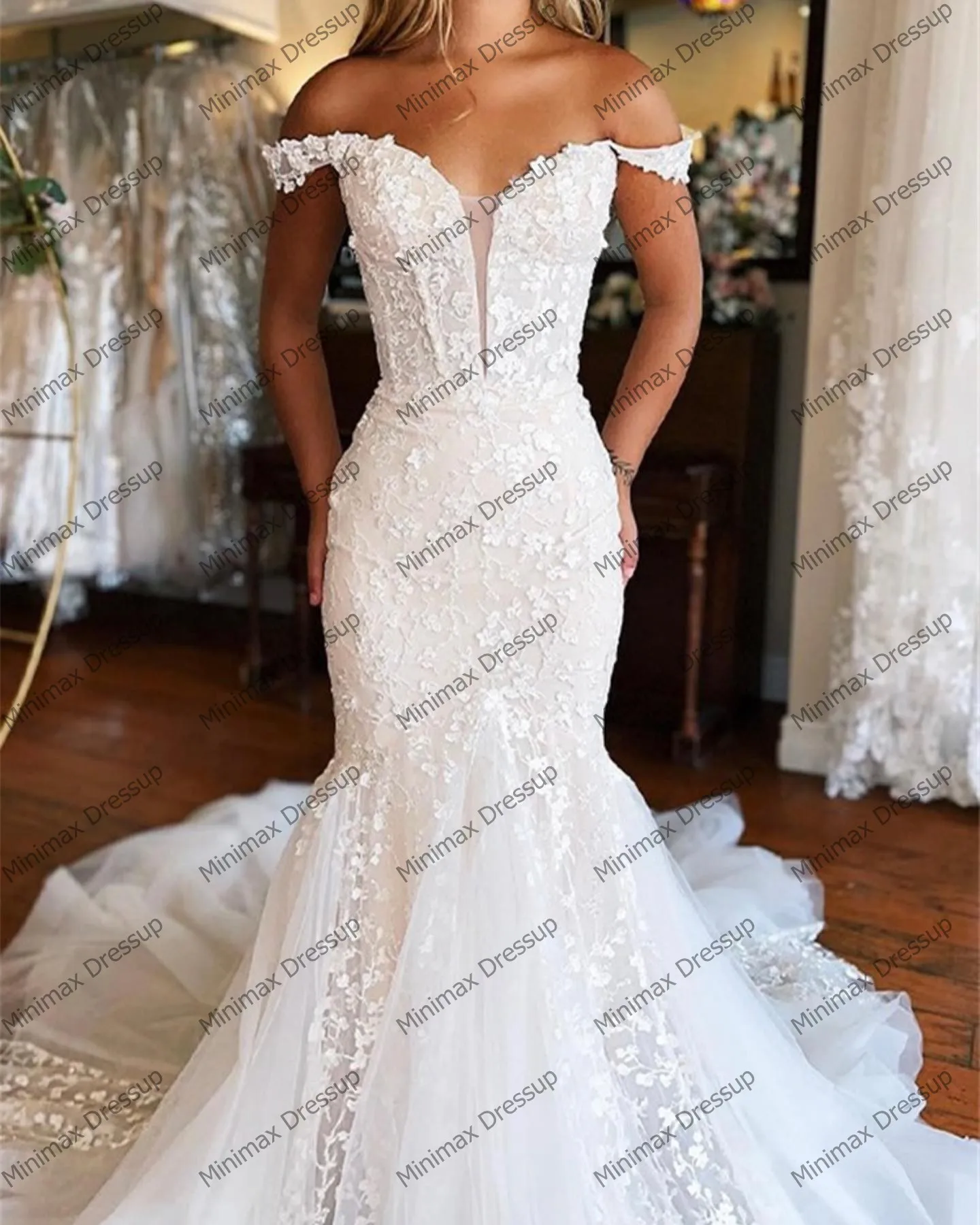 Off The Shoulder Lace Mesh Bridal Dresses Pretty Floral Appliques Mermaid Wedding Gowns With Long Train Elegant Tulle Prom Dress