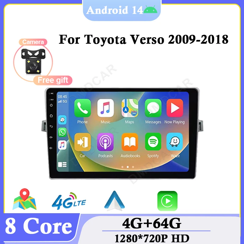 

Wireless Carplay Auto Car Multimidia Video DVD Player Android 14 For Toyota Verso 2009-2018 GPS Navigation Stereo Radio