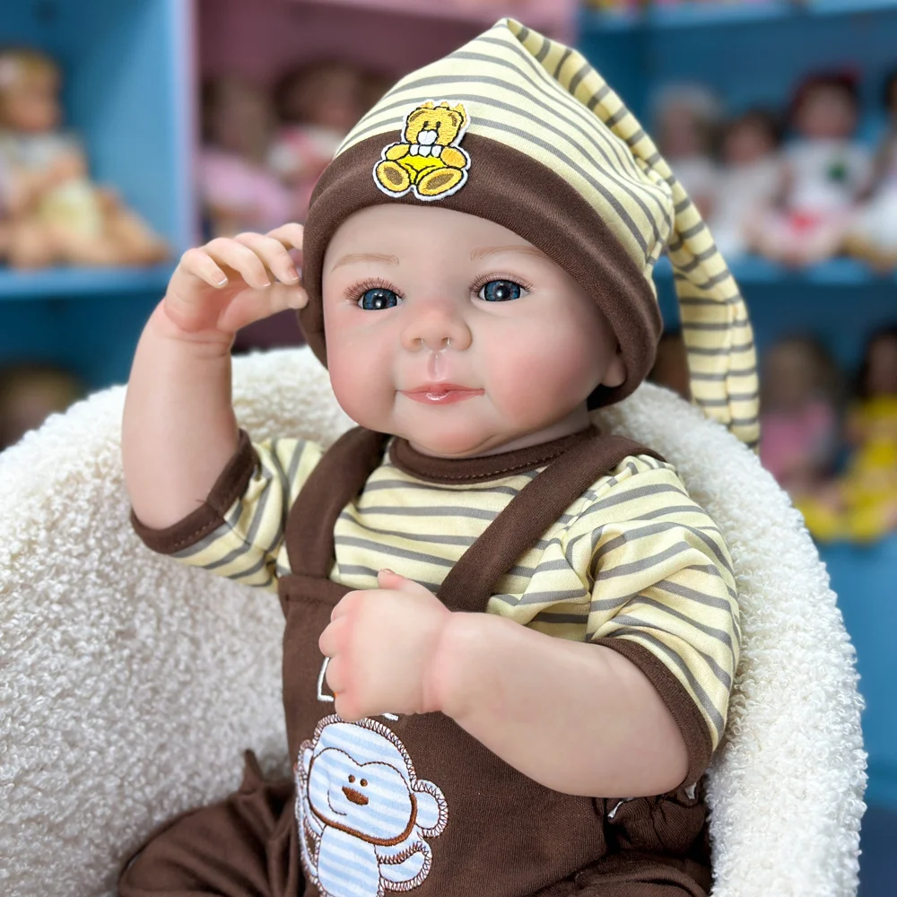 20 Inch Vinyl Reborn Baby Doll, Rare Edition, Cartoon Suspender Outfit & Hat, Colored Eyes, Exquisite Facial Features,