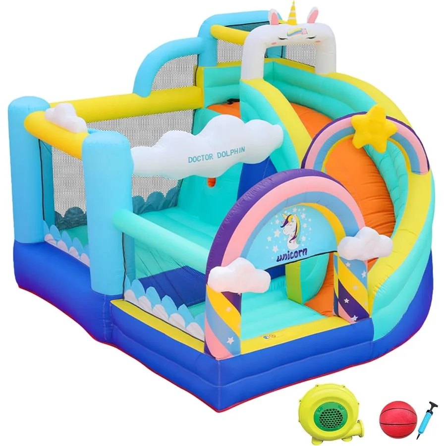 

Надувной дом для прыжков с горками и ямами для мячей для детей от 4 до 8 лет, забавный прыгающий шезлонг с баскетбольным кольцом для вечеринок на заднем дворе Perfec