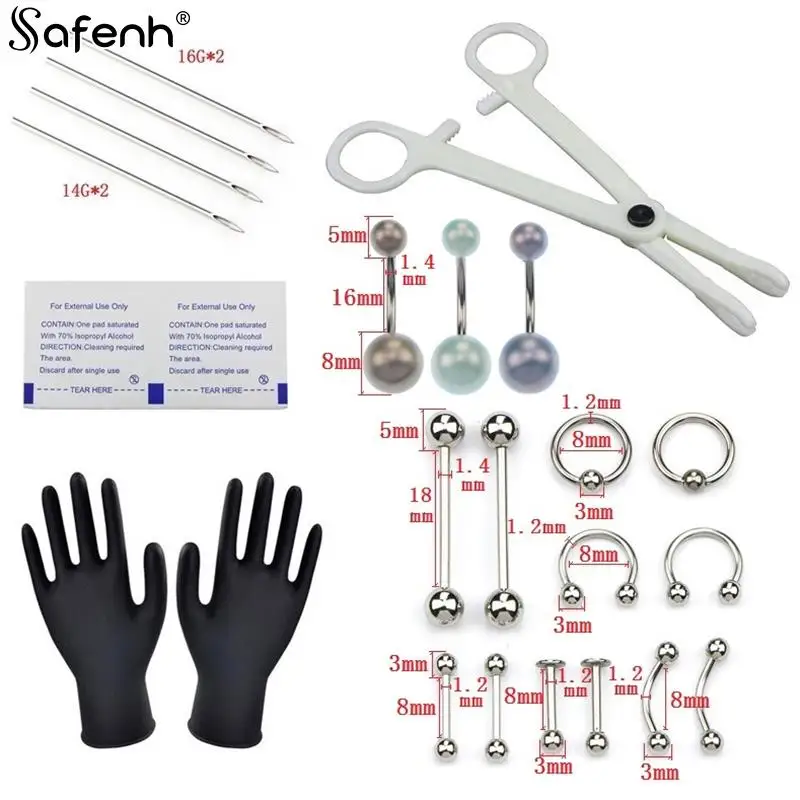 1set Body Piercing Tool Kit Disposable Professional Body Piercing Needles Clamp Gloves Tools Ear Tragus Nose Navel Piercing