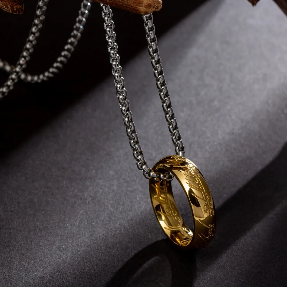 Gold Plated Ring Pendant Necklace, Creative Engraved Stainless Steel Jewelry for Men Women