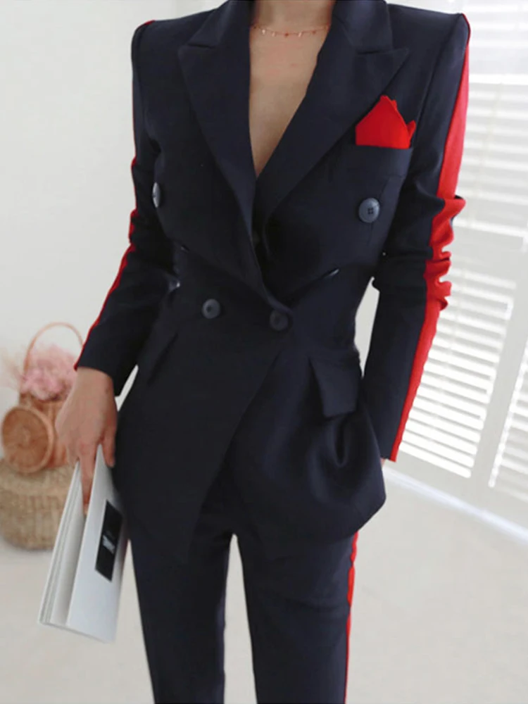 Formal 2 Pieces Outfits Elegant Women Mujer Temperament Double Breasted Slim Outwear Blazer Suit Long Pants Trouser Suits Sets