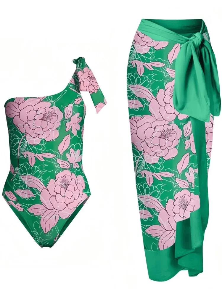 Bikini Retro con estampado de flores, traje de baño de una pieza a la moda y falda ajustada para cubrir, vendaje para mujer, playa de verano, elegante de lujo