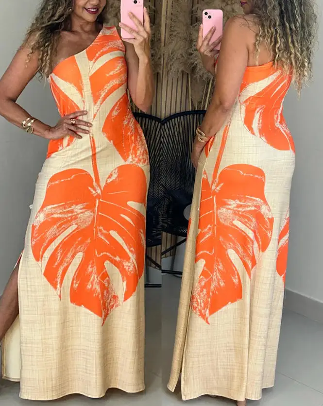 

Women's Tropical Monstera Leaf Print One Shoulder Maxi Dress Side Slit Bodycon Dress with Pockets and Zipper