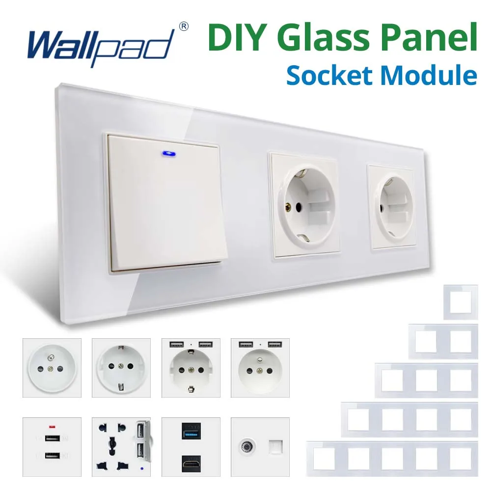 Wallpad DIY Module White Glass Panel Wall Power Socket Electrical Outlet Function Key Free Combination