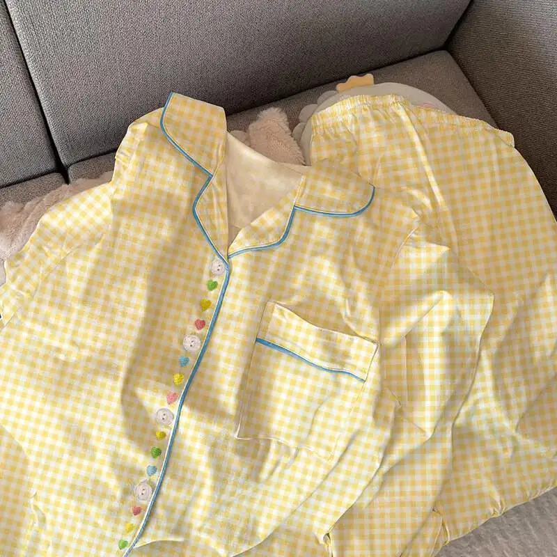 Kawaii leite amarelo xadrez primavera e outono roupas de casa para meninas, novo doce e amoroso pijama de manga comprida conjunto de duas peças