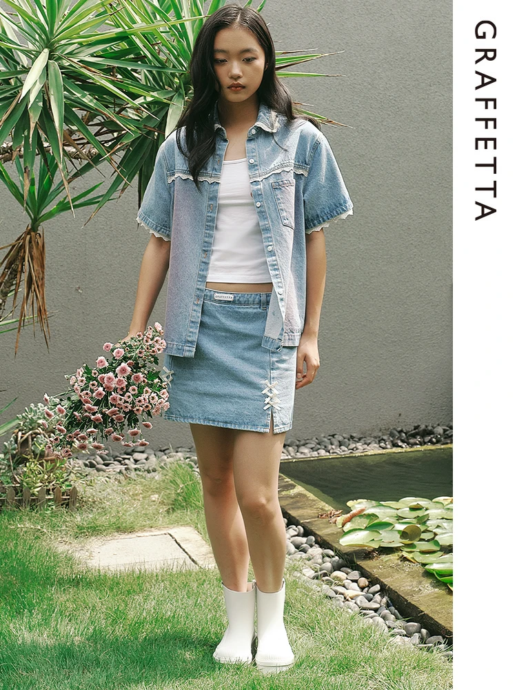 

fetta Mid-Waist Denim Skirt with Knot Ballet Sle Women's Cotton Skirts A-Line Silhouette Summer 2024