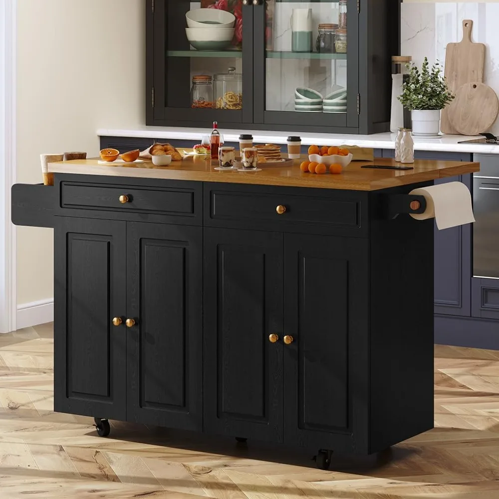

60 Rolling Kitchen Cart with Power Strip & Drop Leaf, Thick Countertop, Large Storage Cabinet & Drawers, Mobile Island