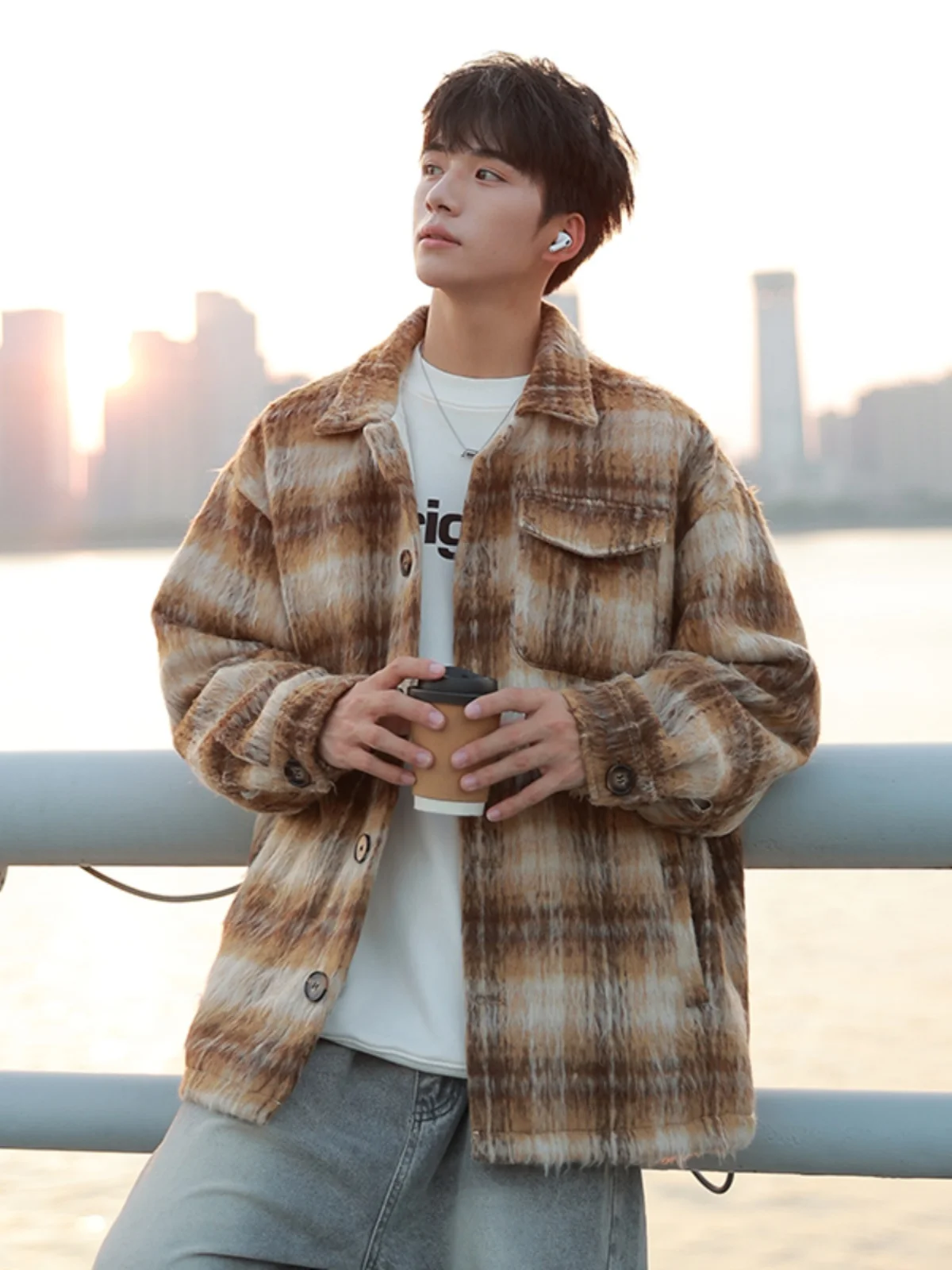 

Tartan Woolen Coat for Men Spring Autumn Sle Loose Casual Preppy Jaet Teenage Trendy Brand BASE Polyester Fiber 00%