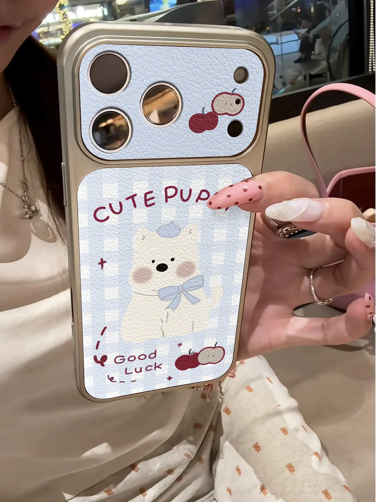Koreanische Niedliche Welpen-Karo-Imitat 17 Handyhülle für iPhone 13 14 15 16 17 Pro Max 17Pro, Galvanisierter Stoßfänger, Stoßfeste Lederhülle – Detail 18