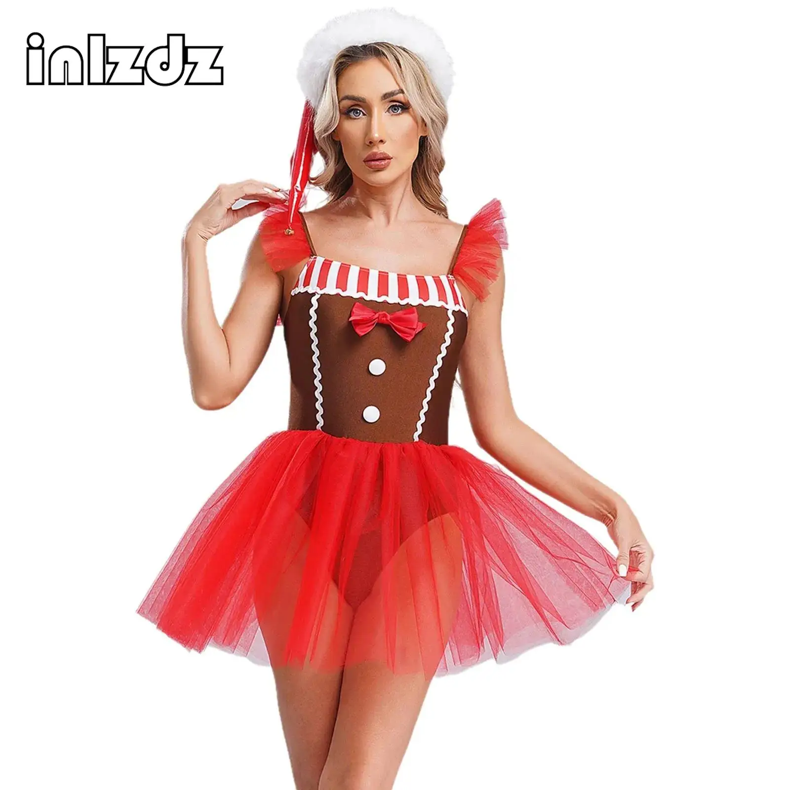 Women Christmas Gingerbread Costume Bowknot Striped Mesh Tutu Leotard Dress Xmas Party Cosplay Bodysuit  Performance Clothes