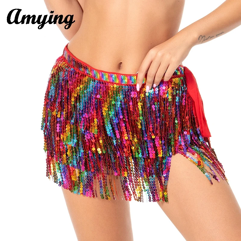 

Sequins Tassel Hip Scarf Festival Performance Costume Indian Belly Dance Practice Costume Training Suit Halloween Rave Costume