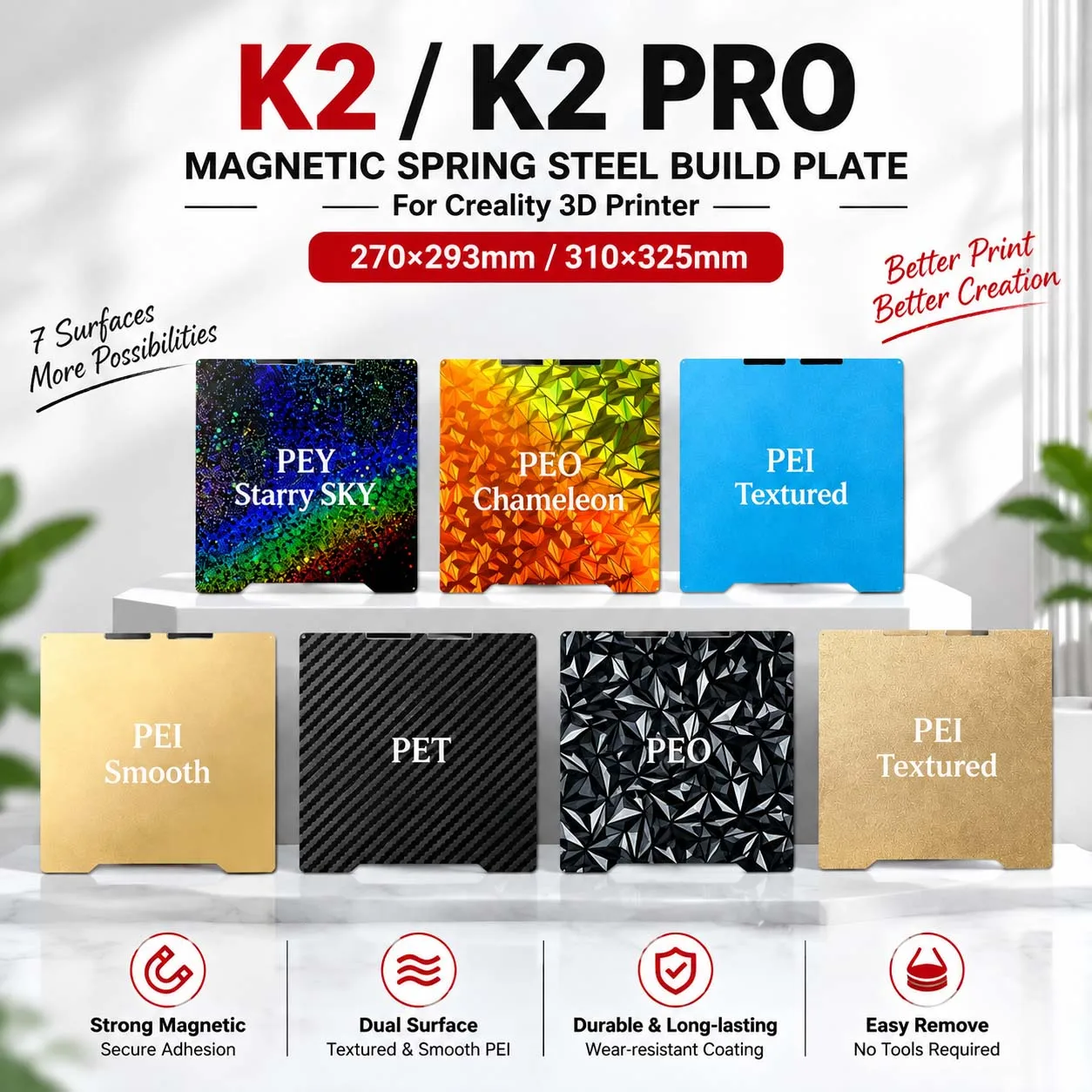 Creality K2/K2 Pro Magnetic Spring Steel Build Plate 270293/310325mm Dual Smooth Textured PEI Print Bed Accessories