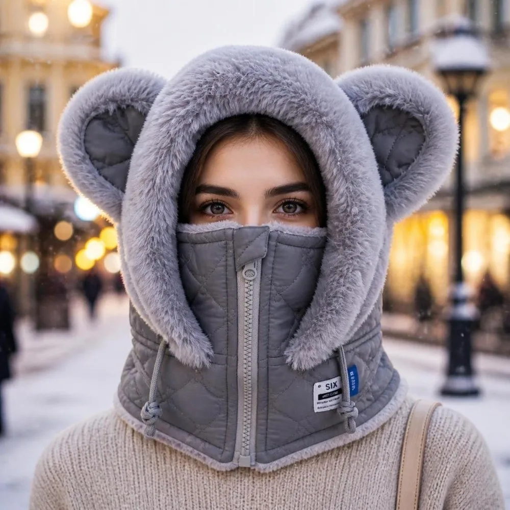 Warm Thick Winter Balaclava Hat Windproof Zipper Ear Protection Hat Fleece Lined Faux Fur Trim Winter Integrated Cap Winter