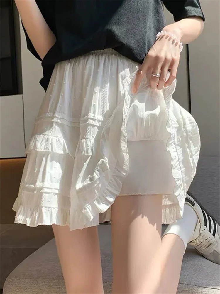 

Белая пышная юбка-трапеция с оборками и кружевом, женская, с высокой талией, плиссированная, в корейском стиле, из полиэстера