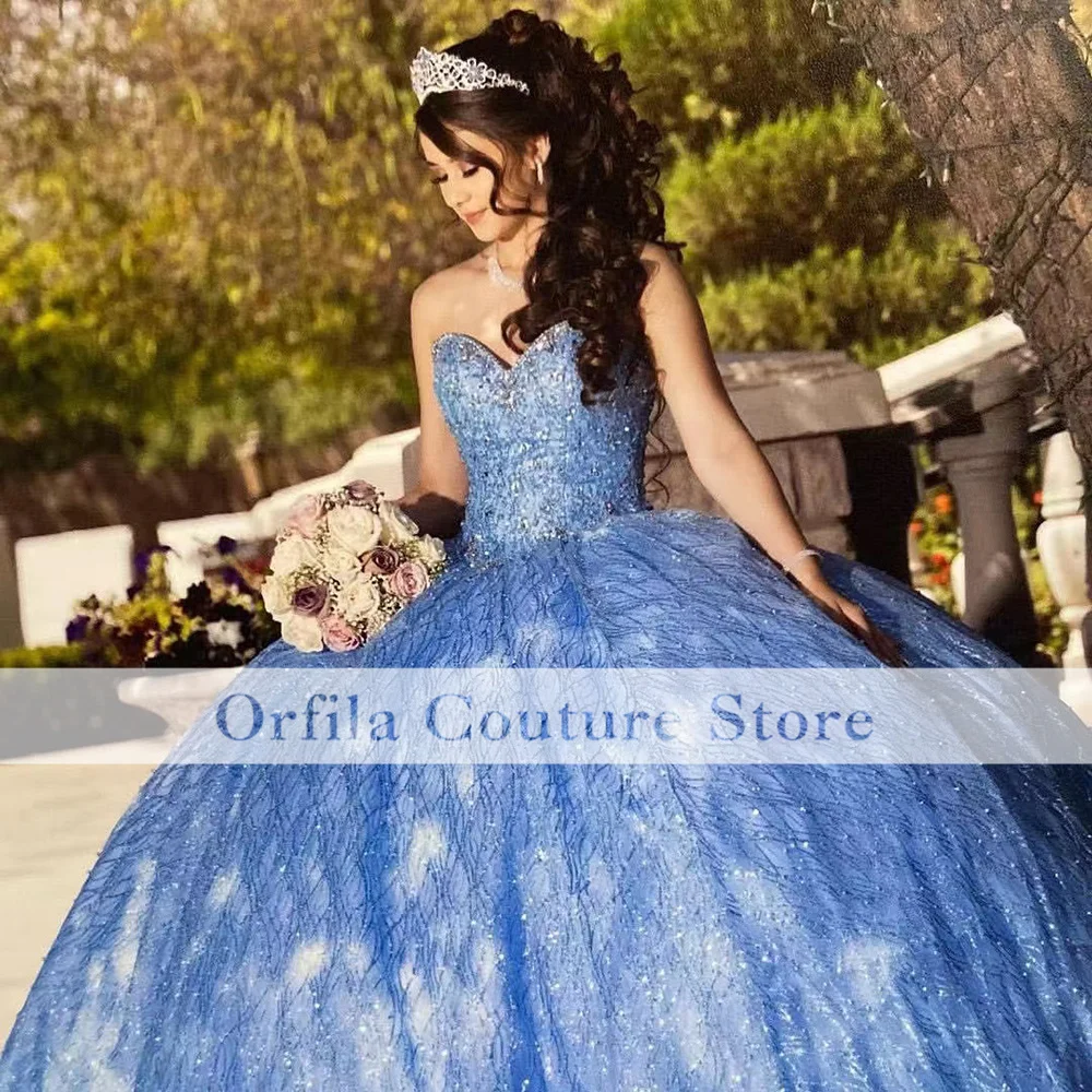 โรแมนติกสีฟ้า Sparkly Quinceanera ชุดประดับด้วยลูกปัดหวาน15 16ปีสาวเจ้าหญิงพรหม Gowns