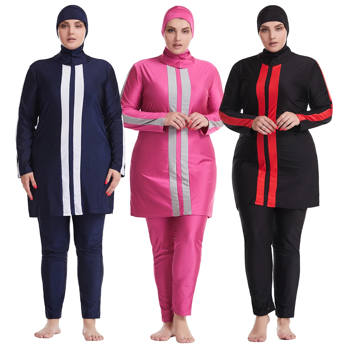 XL-6XL Plus Size Islamic Muslim Swimsuit Burkini for Adult Women Ladies Modest Full Cover Quick Dry Big Stripes 3pcs/set