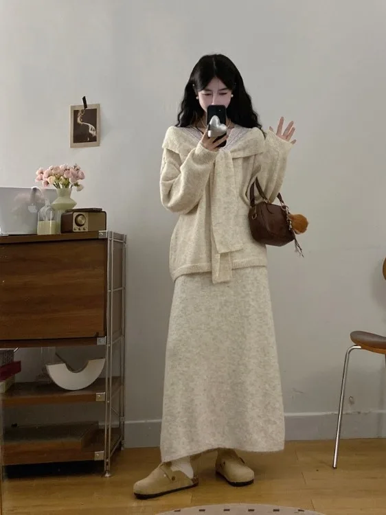 

plus Size Knitted Soft Sweater And awl Set High Waist Midi Skirt Women's Autumn Winter Faion Ensemble Korean Sle Loose Fit